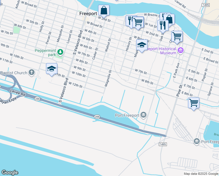 map of restaurants, bars, coffee shops, grocery stores, and more near 1010 Magnolia Street in Freeport