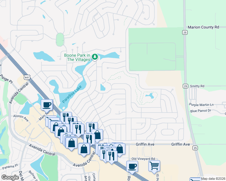 map of restaurants, bars, coffee shops, grocery stores, and more near 716 Royal Palm Avenue in Lady Lake
