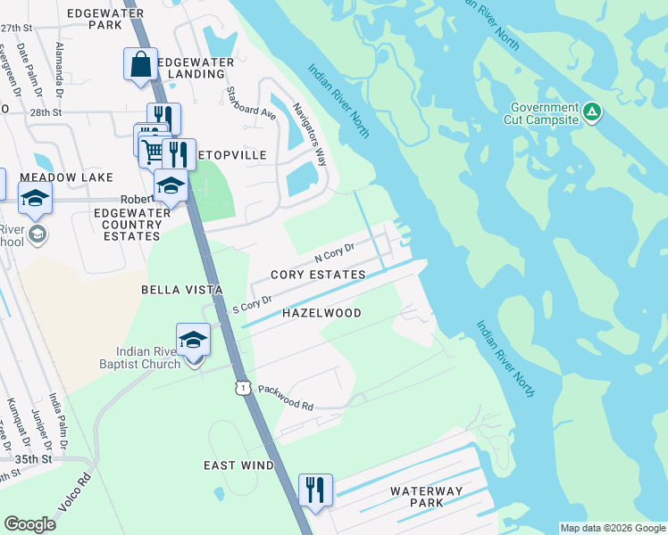 map of restaurants, bars, coffee shops, grocery stores, and more near 142 South Cory Drive in Edgewater
