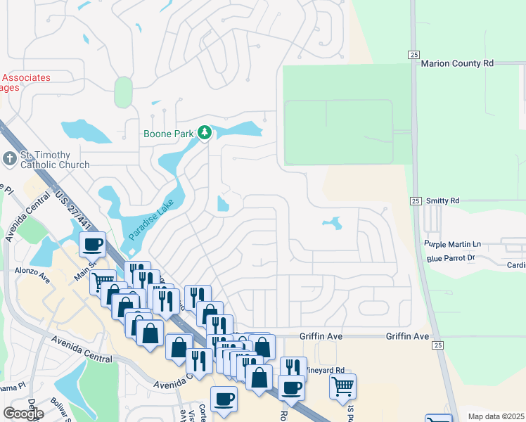 map of restaurants, bars, coffee shops, grocery stores, and more near 608 Royal Palm Avenue in Lady Lake