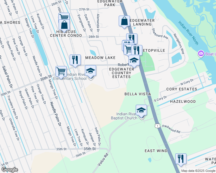 map of restaurants, bars, coffee shops, grocery stores, and more near 650 Roberts Road in Edgewater