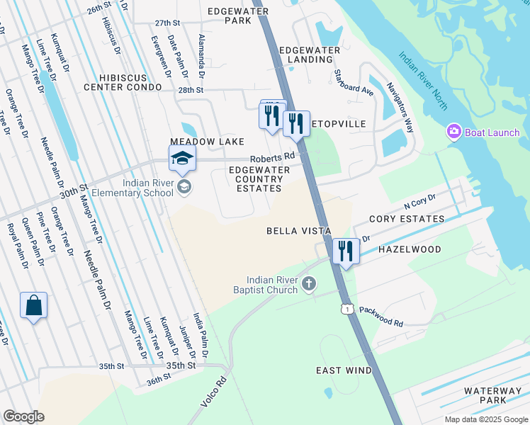 map of restaurants, bars, coffee shops, grocery stores, and more near 128 San Remo Drive in Edgewater