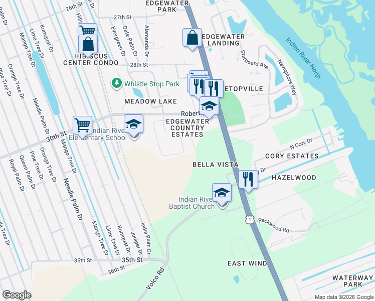 map of restaurants, bars, coffee shops, grocery stores, and more near 128 San Remo Drive in Edgewater