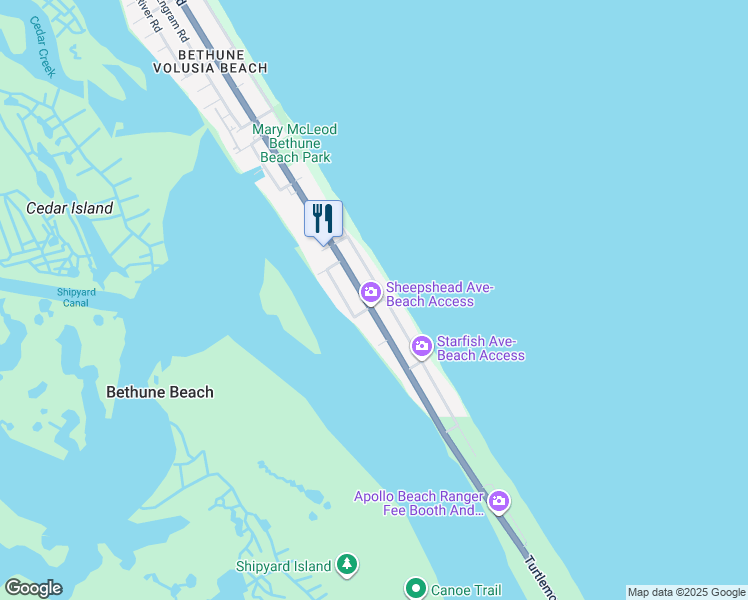 map of restaurants, bars, coffee shops, grocery stores, and more near 6877 South Atlantic Avenue in New Smyrna Beach