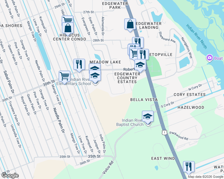 map of restaurants, bars, coffee shops, grocery stores, and more near 650 Roberts Road in Edgewater