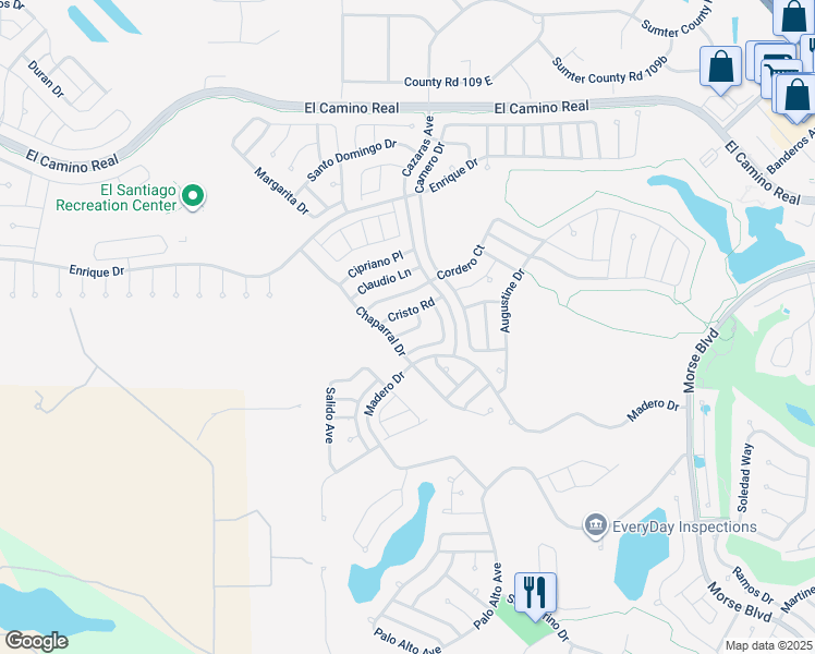 map of restaurants, bars, coffee shops, grocery stores, and more near 2001 Cardona Way in The Villages