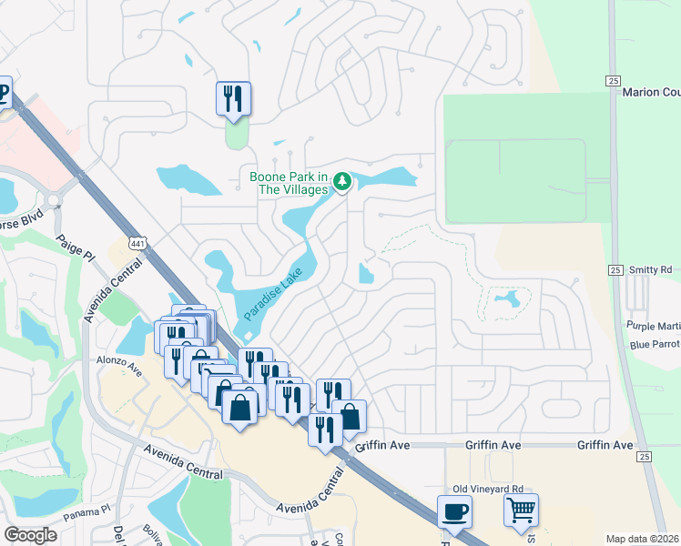 map of restaurants, bars, coffee shops, grocery stores, and more near 813 Silver Oak Avenue in Lady Lake