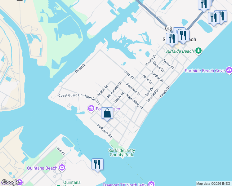 map of restaurants, bars, coffee shops, grocery stores, and more near 915 Monument Drive in Freeport