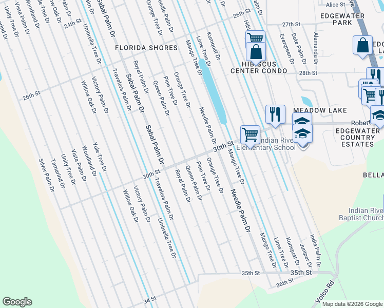 map of restaurants, bars, coffee shops, grocery stores, and more near 2937 Queen Palm Drive in Edgewater