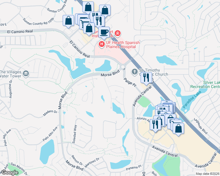 map of restaurants, bars, coffee shops, grocery stores, and more near 1318 Corona Avenue in The Villages