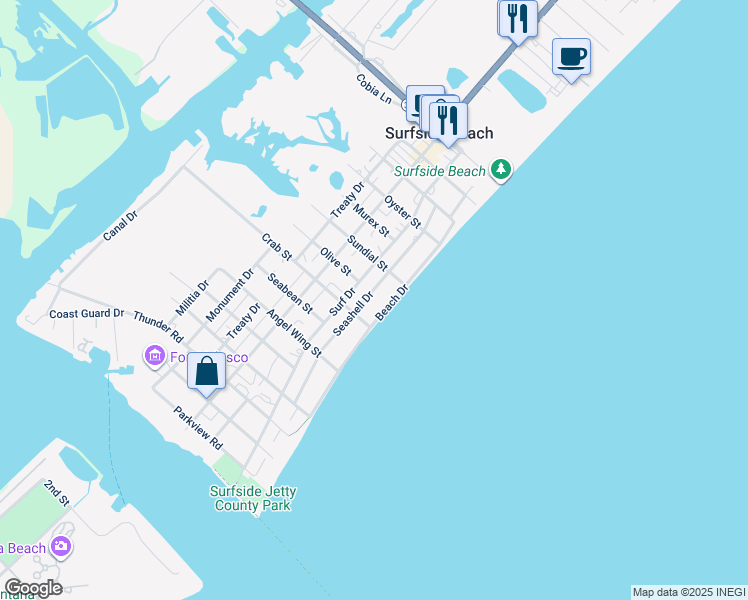 map of restaurants, bars, coffee shops, grocery stores, and more near 527 Seashell Drive in Surfside Beach
