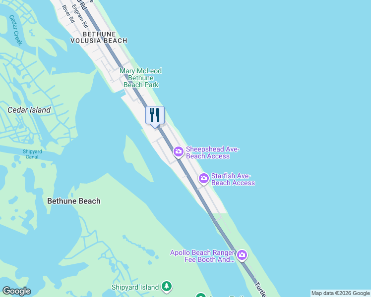 map of restaurants, bars, coffee shops, grocery stores, and more near 6877 South Atlantic Avenue in New Smyrna Beach