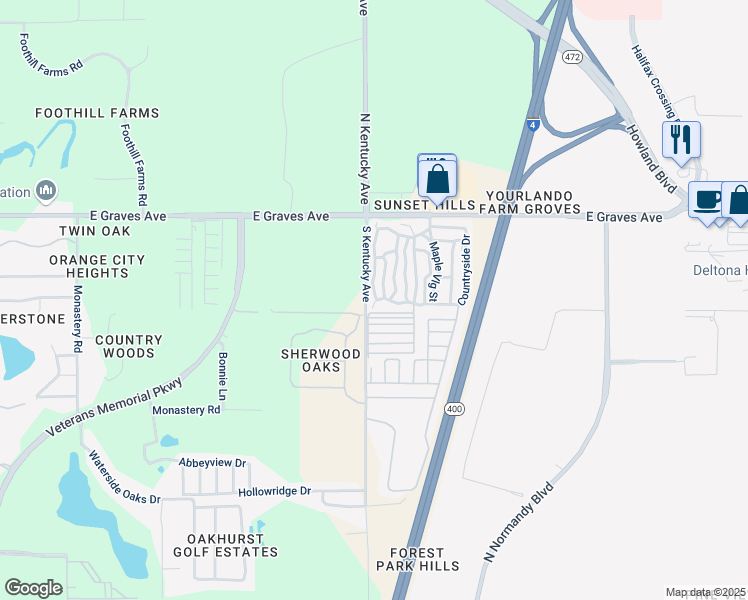 map of restaurants, bars, coffee shops, grocery stores, and more near Cedar Village St in Orange City