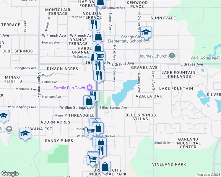 map of restaurants, bars, coffee shops, grocery stores, and more near 259 East Banana Avenue in Orange City