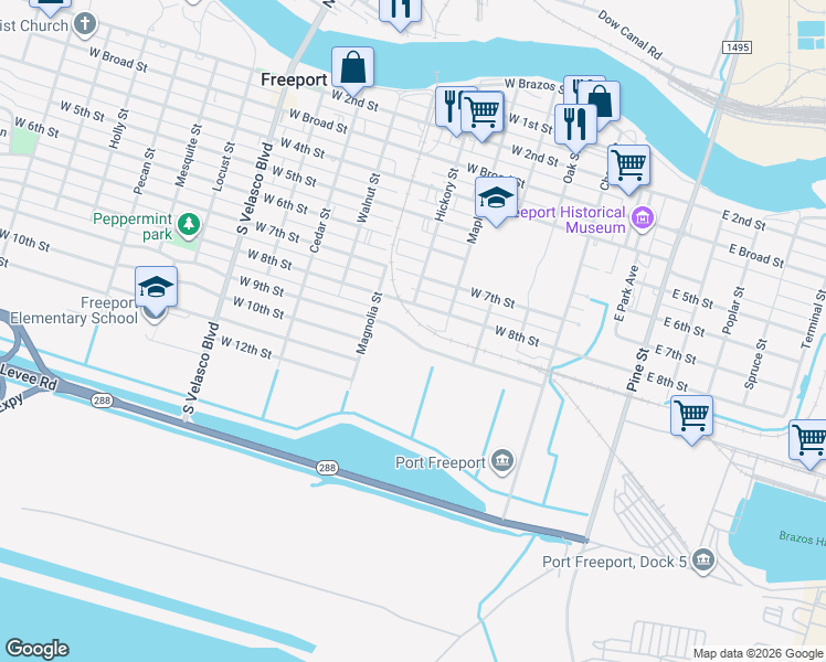 map of restaurants, bars, coffee shops, grocery stores, and more near 522 W 9th St in Freeport