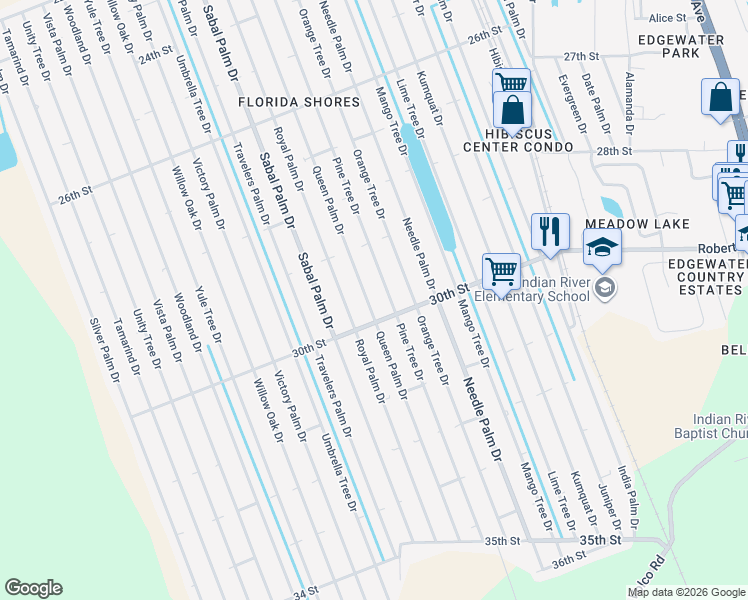 map of restaurants, bars, coffee shops, grocery stores, and more near 2937 Queen Palm Drive in Edgewater