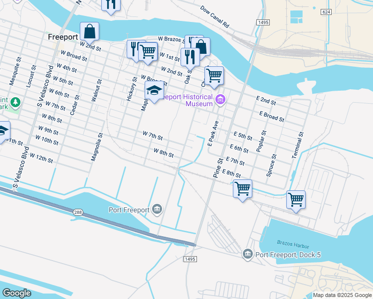 map of restaurants, bars, coffee shops, grocery stores, and more near 127 West 7th Street in Freeport