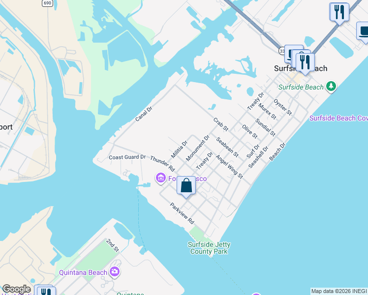 map of restaurants, bars, coffee shops, grocery stores, and more near 619 Caisson Street in Freeport