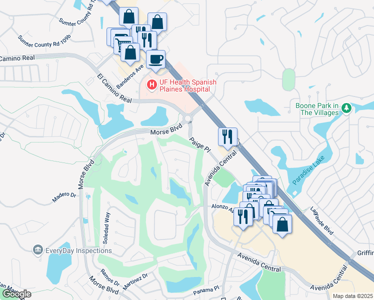 map of restaurants, bars, coffee shops, grocery stores, and more near 1305 Corona Avenue in The Villages