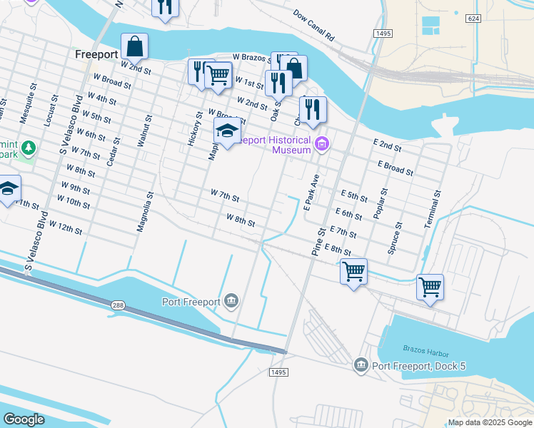 map of restaurants, bars, coffee shops, grocery stores, and more near 127 West 7th Street in Freeport