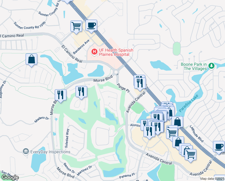 map of restaurants, bars, coffee shops, grocery stores, and more near 1305 Corona Avenue in The Villages