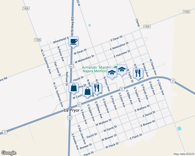 map of restaurants, bars, coffee shops, grocery stores, and more near 315 North Grant Avenue in La Pryor
