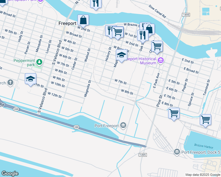 map of restaurants, bars, coffee shops, grocery stores, and more near 427 West 8th Street in Freeport