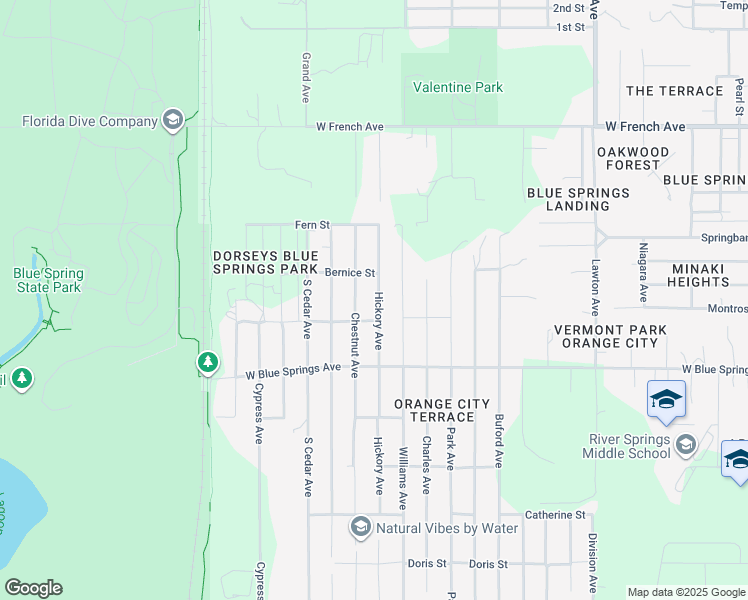 map of restaurants, bars, coffee shops, grocery stores, and more near 250 Hickory Avenue in Orange City
