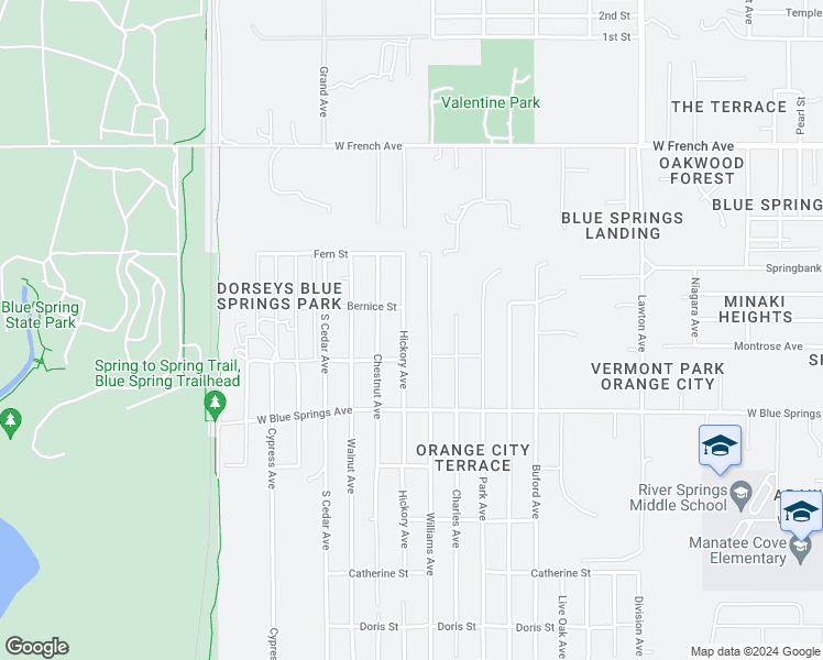 map of restaurants, bars, coffee shops, grocery stores, and more near 245 Hickory Avenue in Orange City