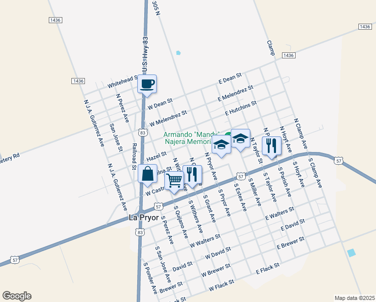 map of restaurants, bars, coffee shops, grocery stores, and more near 315 North Grant Avenue in La Pryor