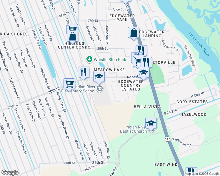 map of restaurants, bars, coffee shops, grocery stores, and more near 650 Roberts Road in Edgewater