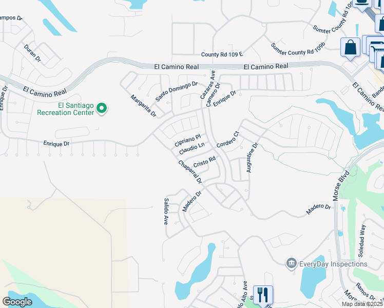 map of restaurants, bars, coffee shops, grocery stores, and more near 2017 Cordero Court in The Villages