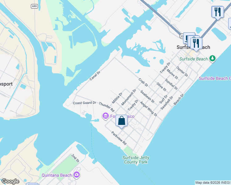 map of restaurants, bars, coffee shops, grocery stores, and more near 619 Caisson Street in Freeport