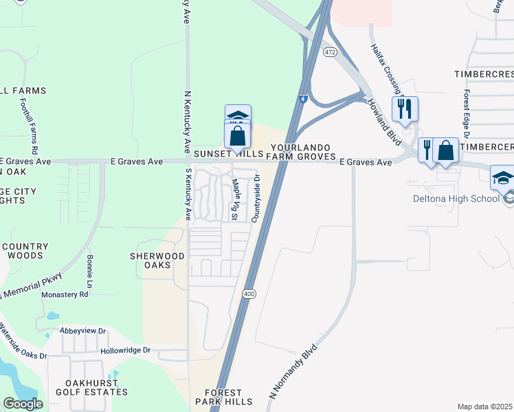map of restaurants, bars, coffee shops, grocery stores, and more near 188 Countryside Drive in Orange City