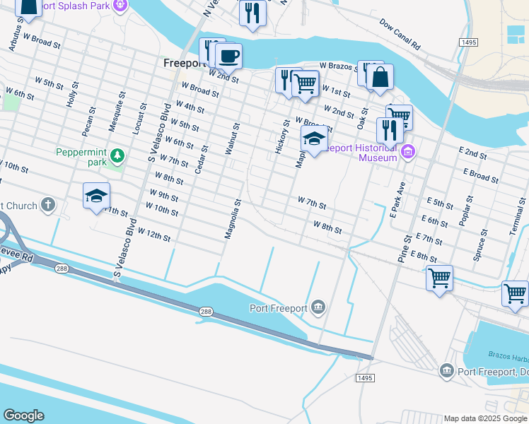 map of restaurants, bars, coffee shops, grocery stores, and more near 522 West 9th Street in Freeport