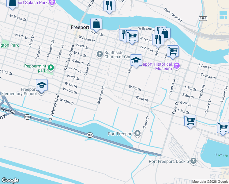 map of restaurants, bars, coffee shops, grocery stores, and more near 522 West 9th Street in Freeport