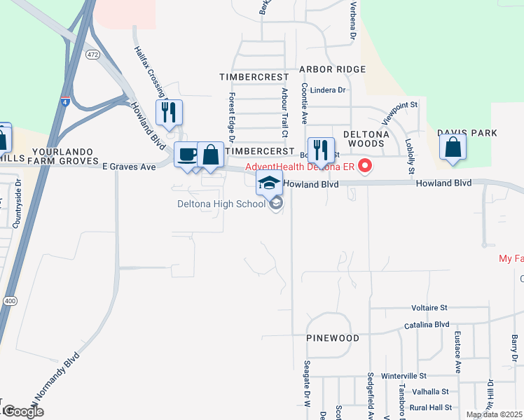 map of restaurants, bars, coffee shops, grocery stores, and more near 100 Wolf Pack Run in Deltona