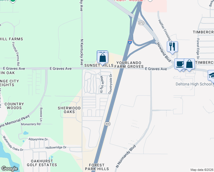 map of restaurants, bars, coffee shops, grocery stores, and more near 222 Inverness Lane in Orange City