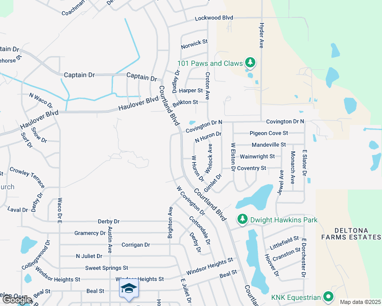 map of restaurants, bars, coffee shops, grocery stores, and more near 2896 West Huron Drive in Deltona