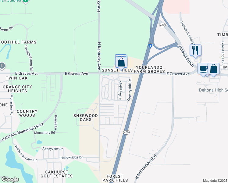 map of restaurants, bars, coffee shops, grocery stores, and more near Pine Village St in Orange City