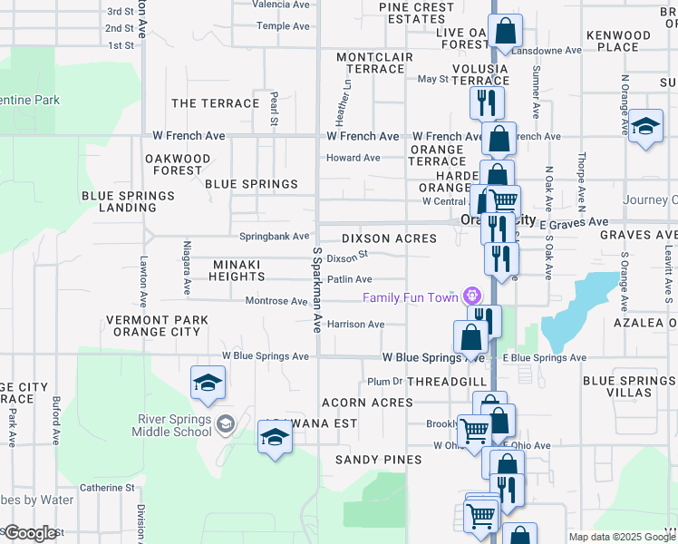 map of restaurants, bars, coffee shops, grocery stores, and more near 607 Patlin Avenue in Orange City