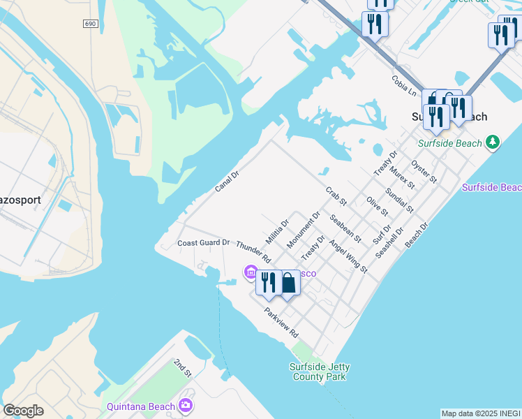 map of restaurants, bars, coffee shops, grocery stores, and more near 738 Caisson Street in Freeport