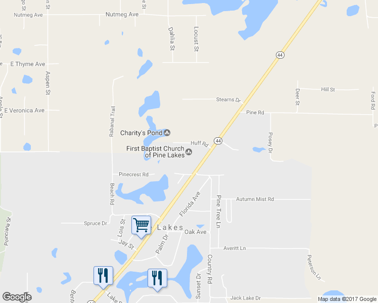map of restaurants, bars, coffee shops, grocery stores, and more near 31932 Huff Road in Eustis