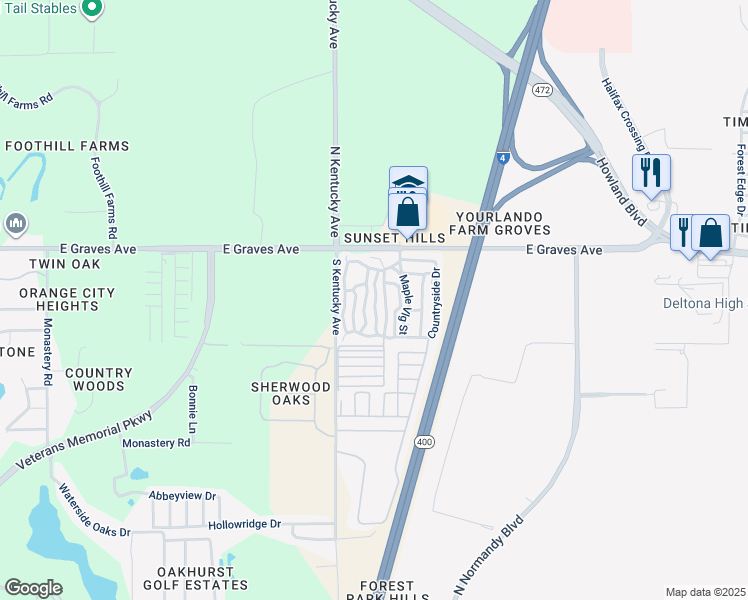 map of restaurants, bars, coffee shops, grocery stores, and more near Pine Village St in Orange City