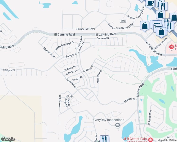 map of restaurants, bars, coffee shops, grocery stores, and more near 1940 Cordero Court in The Villages
