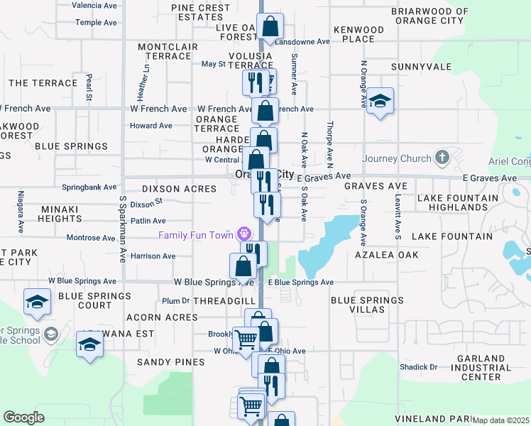 map of restaurants, bars, coffee shops, grocery stores, and more near 230 South Volusia Avenue in Orange City