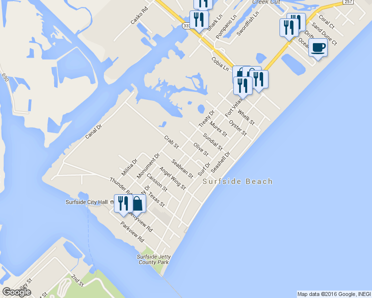 map of restaurants, bars, coffee shops, grocery stores, and more near 418 Crab Street in Freeport