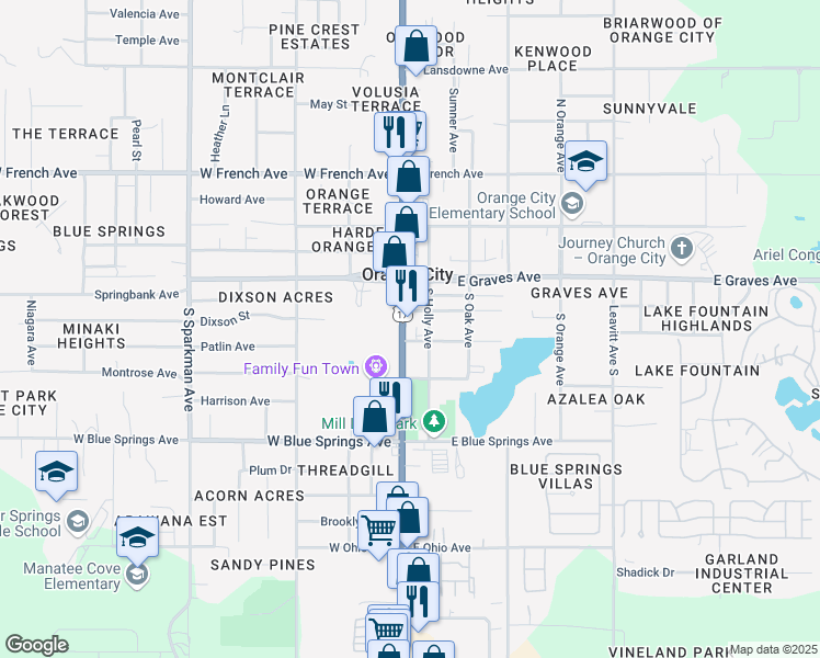 map of restaurants, bars, coffee shops, grocery stores, and more near 230 South Volusia Avenue in Orange City