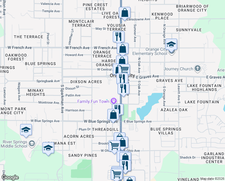 map of restaurants, bars, coffee shops, grocery stores, and more near 239 South Volusia Avenue in Orange City