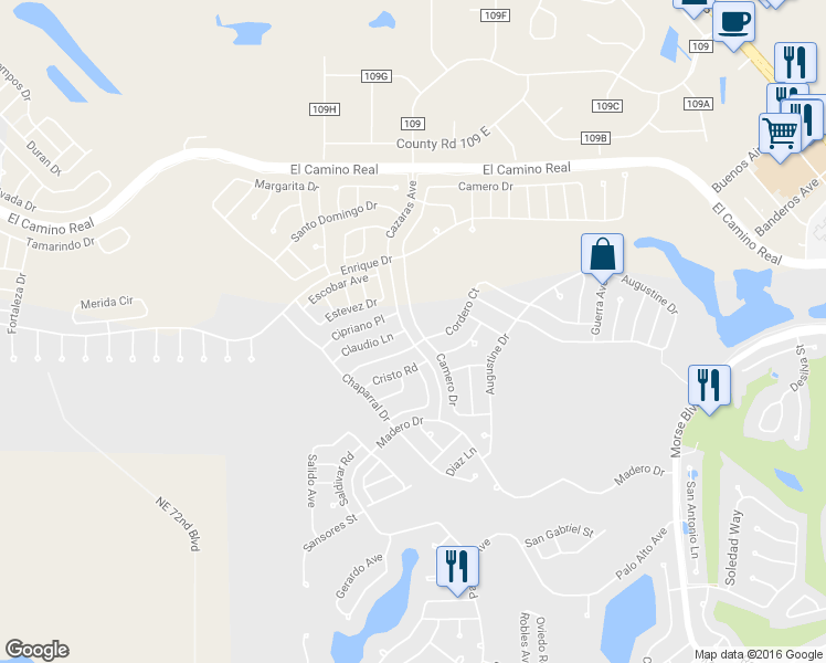 map of restaurants, bars, coffee shops, grocery stores, and more near 1250 Camero Drive in The Villages